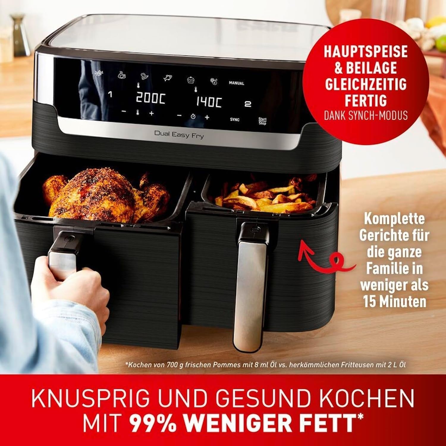 Tefal Dual Easy Fry Heißluftfritteuse mit zwei Kammern, 5,2/3,1 Liter Fassungsvermögen, zwei unabhängigen Schubladen, 7 Programmen Haushaltsgeräte Naty Shop