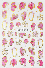 Gold Linie Schieber Rosa Nagelsticker Blumen 3D Flower Nail Sticker Sakura Blütenblätter Blumen Nagelaufkleber Frühling Sommer Floral Nagel Sticker Flowers Nagel Stickers Nageldesign Zubehör Nail Art