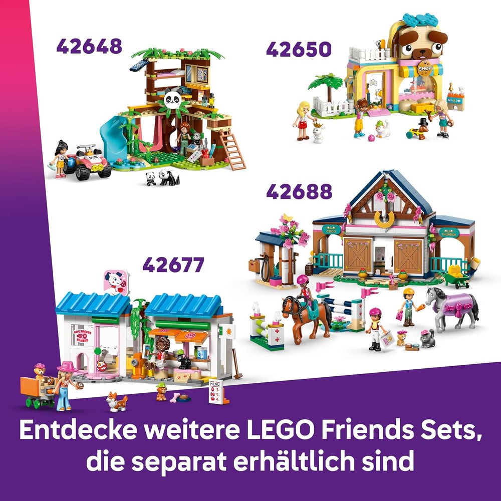 LEGO Friends Pferd und Fohlen mit Pferdeanhänger – Pferde Spieleset mit Pflegezubehör, 4 Tierfiguren, Auto & 2 Mini Puppen – Geschenkeidee zum Geburtstag für Mädchen ab 7 Jahren – 42695