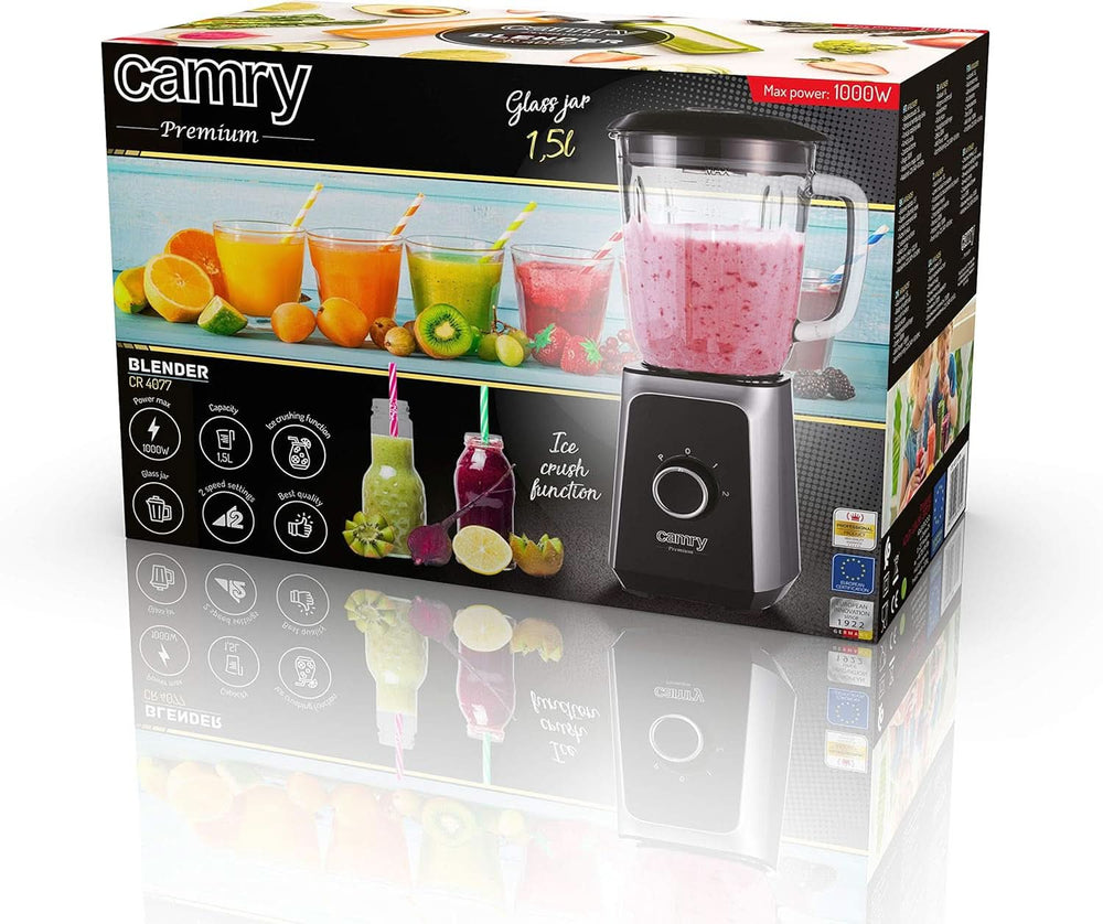 CR 4077 Standmixer Mit 1.5L Glasbehälter, Smoothie Maker, Hochleistungsmixer, Mahlung, Eis-Zerkleinerung, Pulsfunktion, Edelstahlklingen, 2 Geschwindigkeiten, 1000W, Schwarz/Silber Kitchen Naty Shop