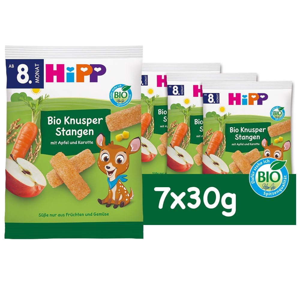 HiPP Bio Knusper Stangen Apfelkarotte (7 x 30g), Babysnack ab 8. Monat, Süße nur aus Früchten und Gemüse, glutenfrei, in bester Bio-Qualität