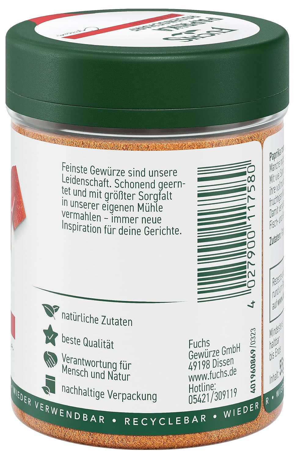 Fuchs Gewürze - Paprika rosenscharf gemahlen - schärfer Gesmack für Gulasch, Eintöpfe oder Gemüsegerichte - natürliche Zutaten - 55 g in wiederverwendbarer, recyclebarer Dose