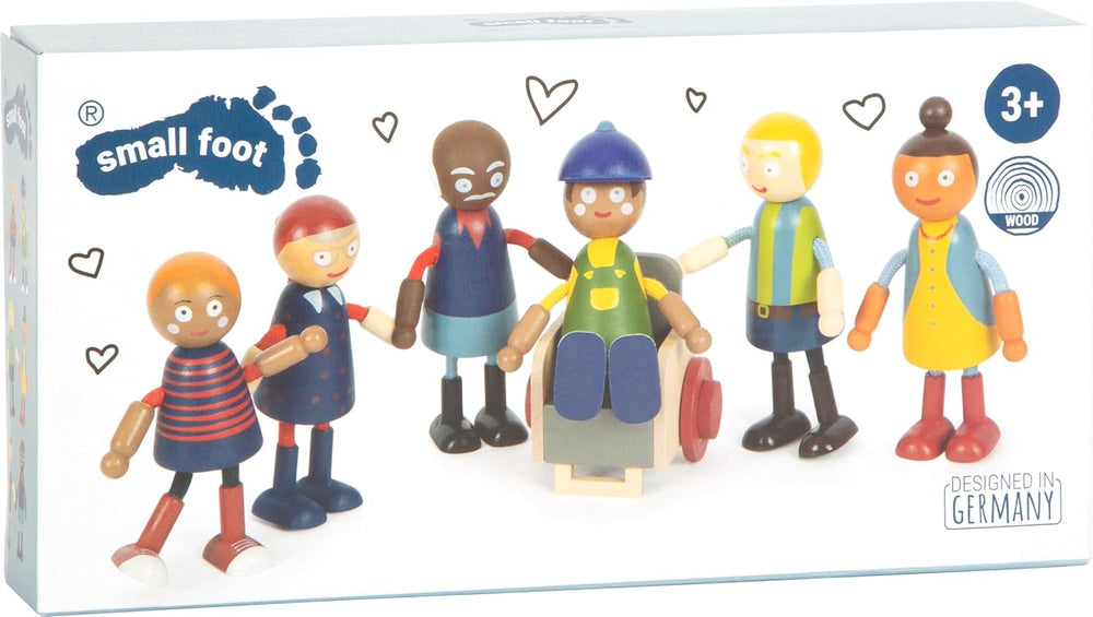 small foot Biegepuppen-Familie Diversität, 6 Puppen aus Holz unterschiedlichen Alters, Geschlechts und Hautfarbe, 12396