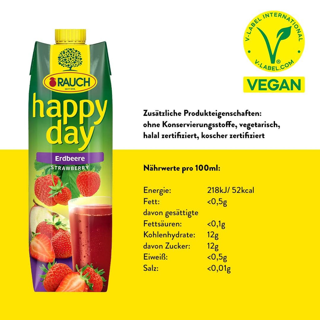 Rauch Happy Day Strawberry | Aromă intensă de căpșuni | Rafinat cu mere și lămâie | 6X 1 litru, Tetra Prisma Bauturi fara alcool Naty Shop