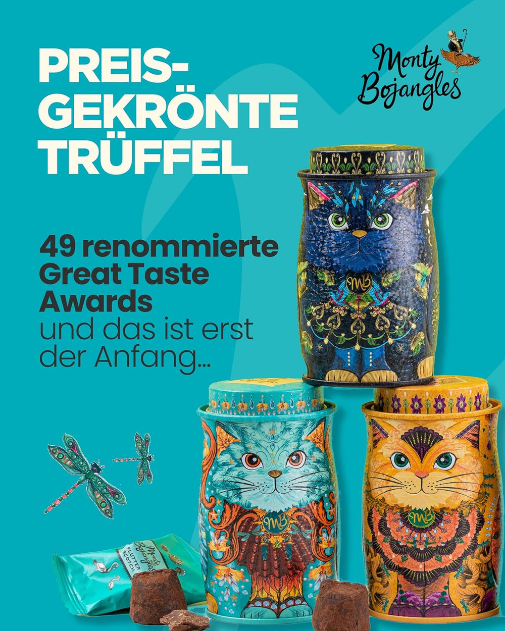 Monty Bojangles Savanna Gold Schokoladentrüffel (135 g), Kakaopulver-Pralinen-Geschenkset in einer individuellen Sammlerbox im Katzendesign, Flutter Scotch-Geschmack