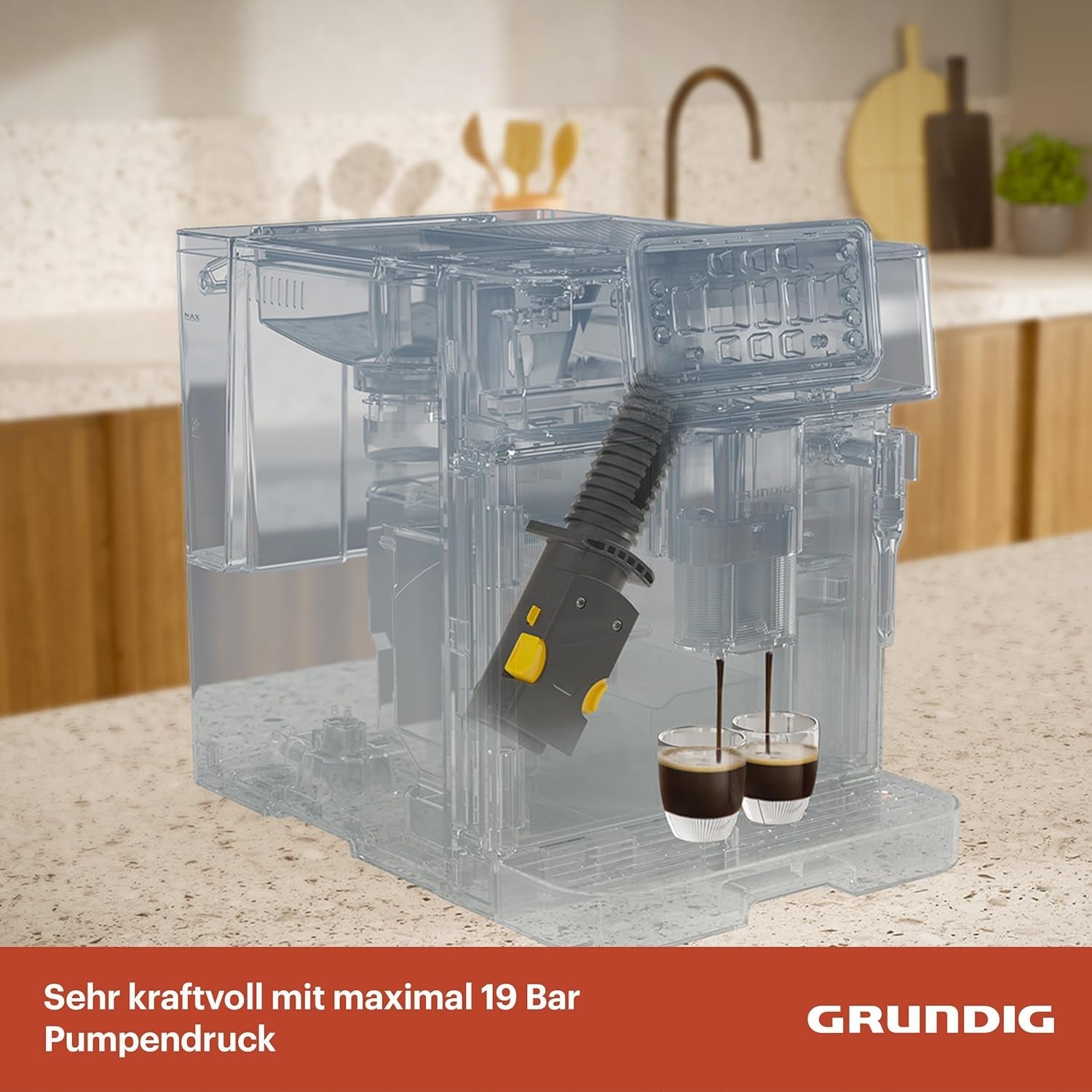 Espressor complet automat GRUNDIG KVA 6230 cu spumator de lapte, râșniță din oțel inoxidabil cu 13 setări de măcinare, recipient boabe 250 g, rezervor de apă detașabil de 2 litri, presiune pompă 19 bar, afișaj tactil, negru