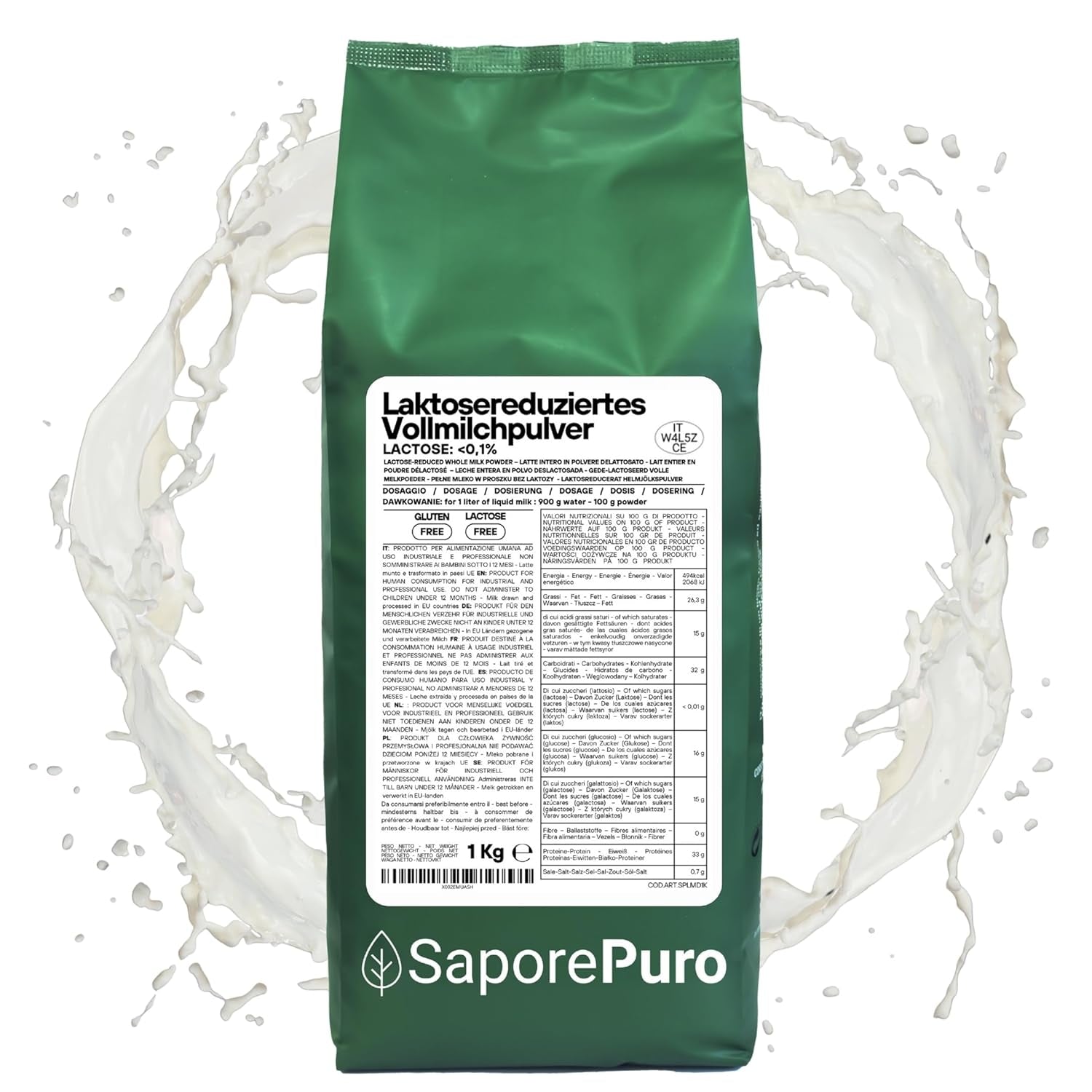 Laktosefreies Vollmilchpulver 1 kg | Hohe Löslichkeit | Ideal für Backwaren, Brot und Lebensmittel. Professioneller und industrieller Einsatz. Laktosefrei, Glutenfrei