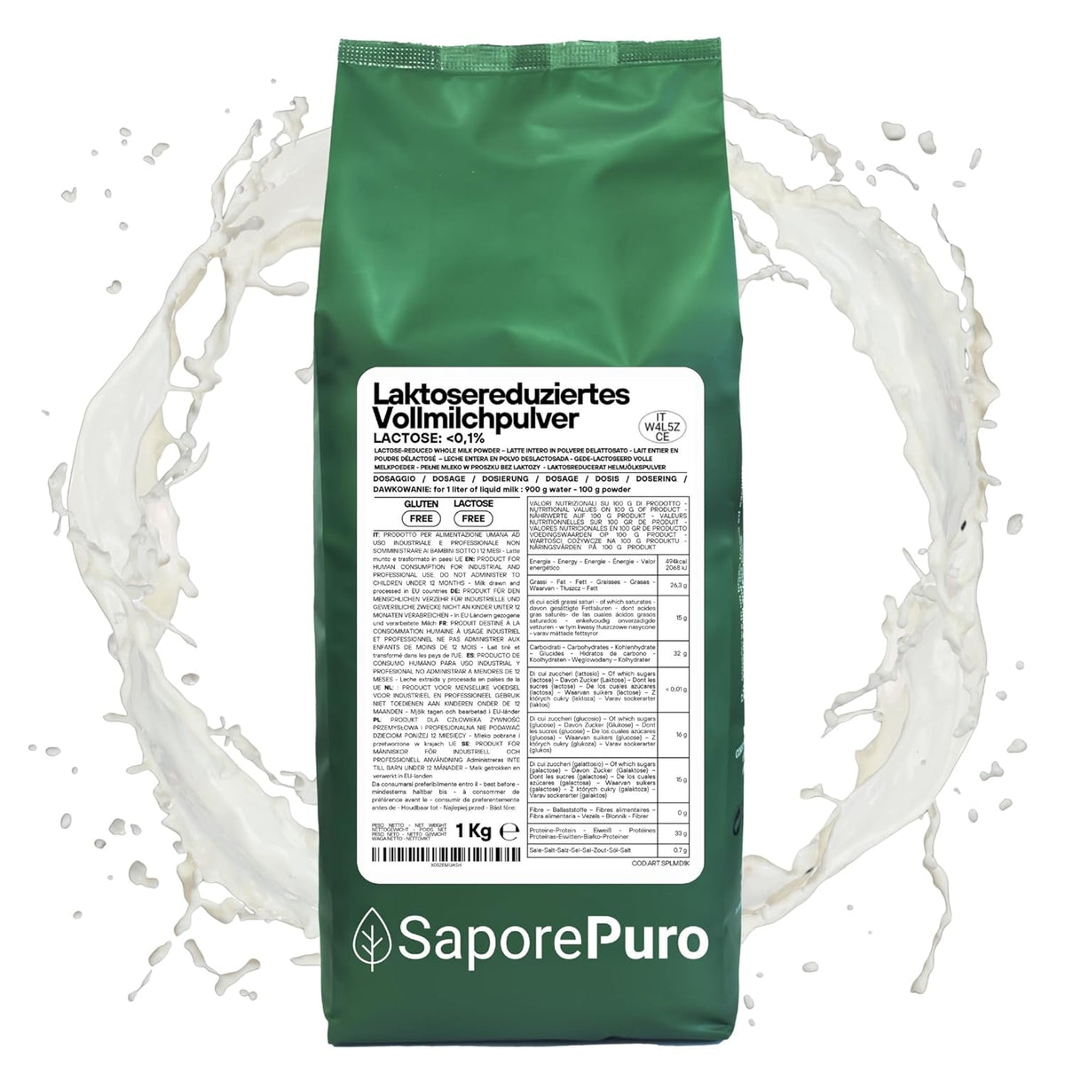 Laktosefreies Vollmilchpulver 1 kg | Hohe Löslichkeit | Ideal für Backwaren, Brot und Lebensmittel. Professioneller und industrieller Einsatz. Laktosefrei, Glutenfrei