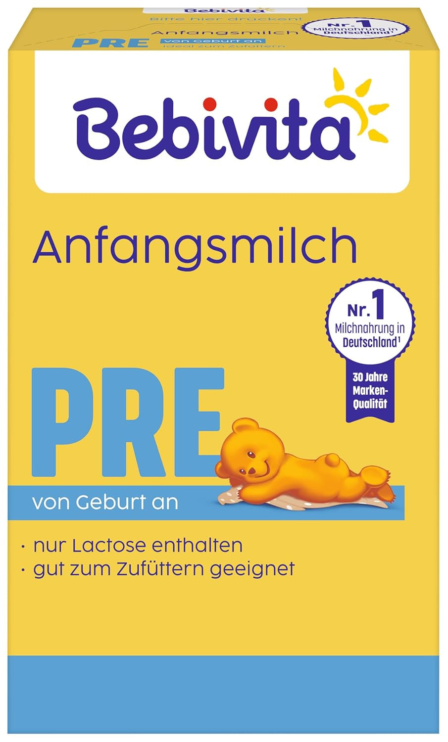 PRE-Milchpulvernahrung (5 x 500 g), ab Geburt, enthält nur Laktose als Kohlenhydrat, zur Beikost geeignet