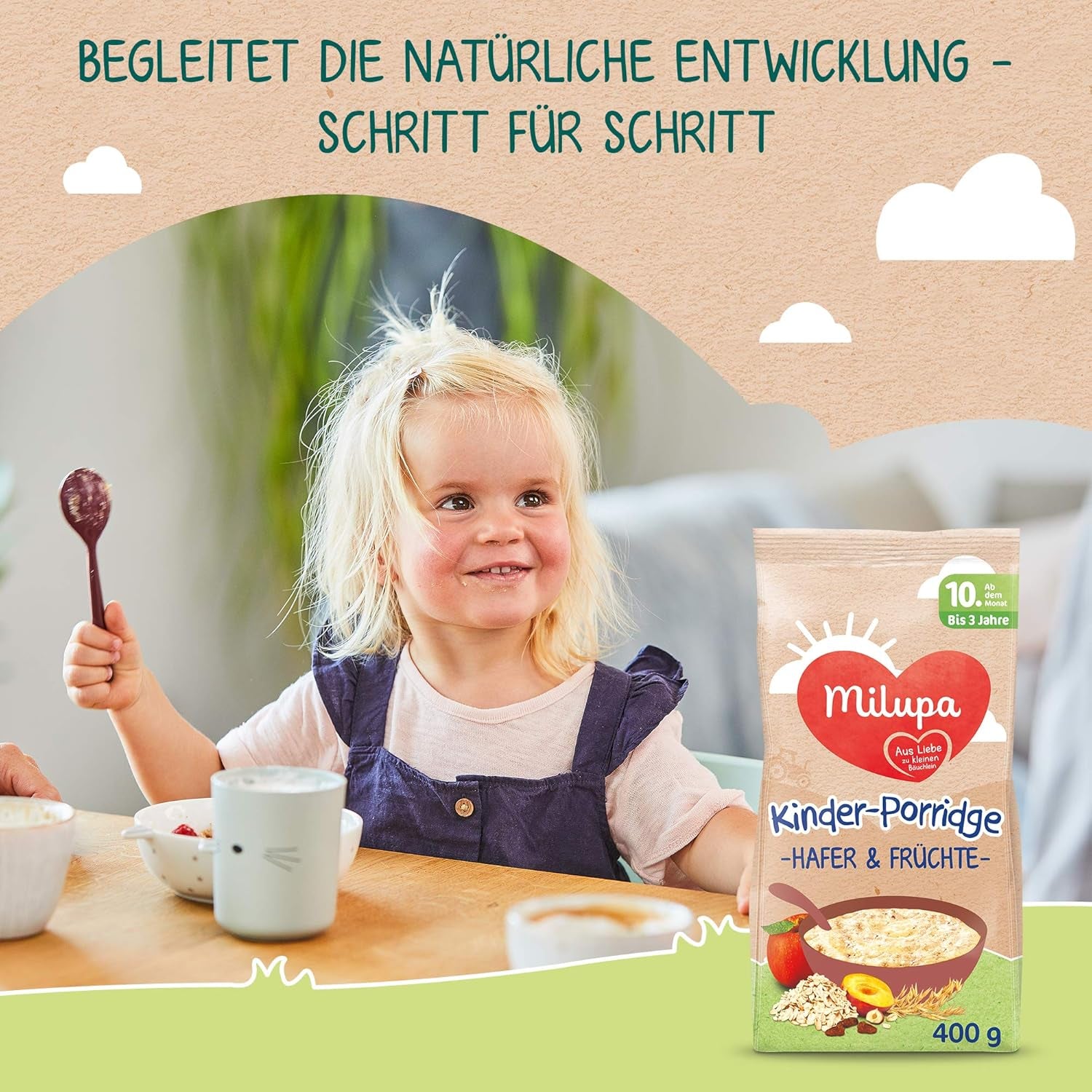 Milupa Babybrei – Hafer- und Früchtebrei, 10 Monate bis 3 Jahre Babynahrung, 1 x 400 g (2 Stück)
