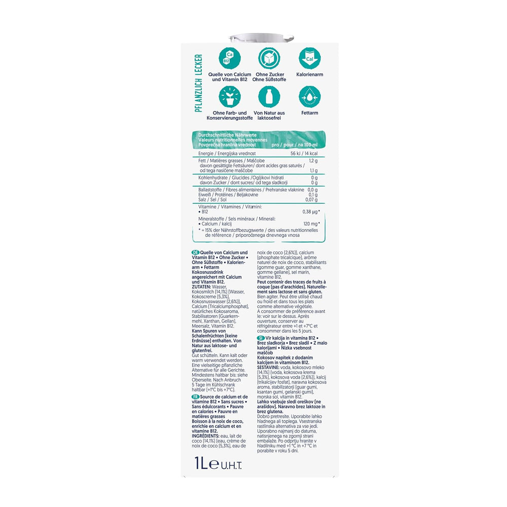 Alpro Kokosnussdrink ohne Zucker – Ohne Süßstoffe – Vegan und milchfrei – Von Natur aus laktosefrei und fettarm – Reich an Kalzium und Vitaminen – 8 x 1 L