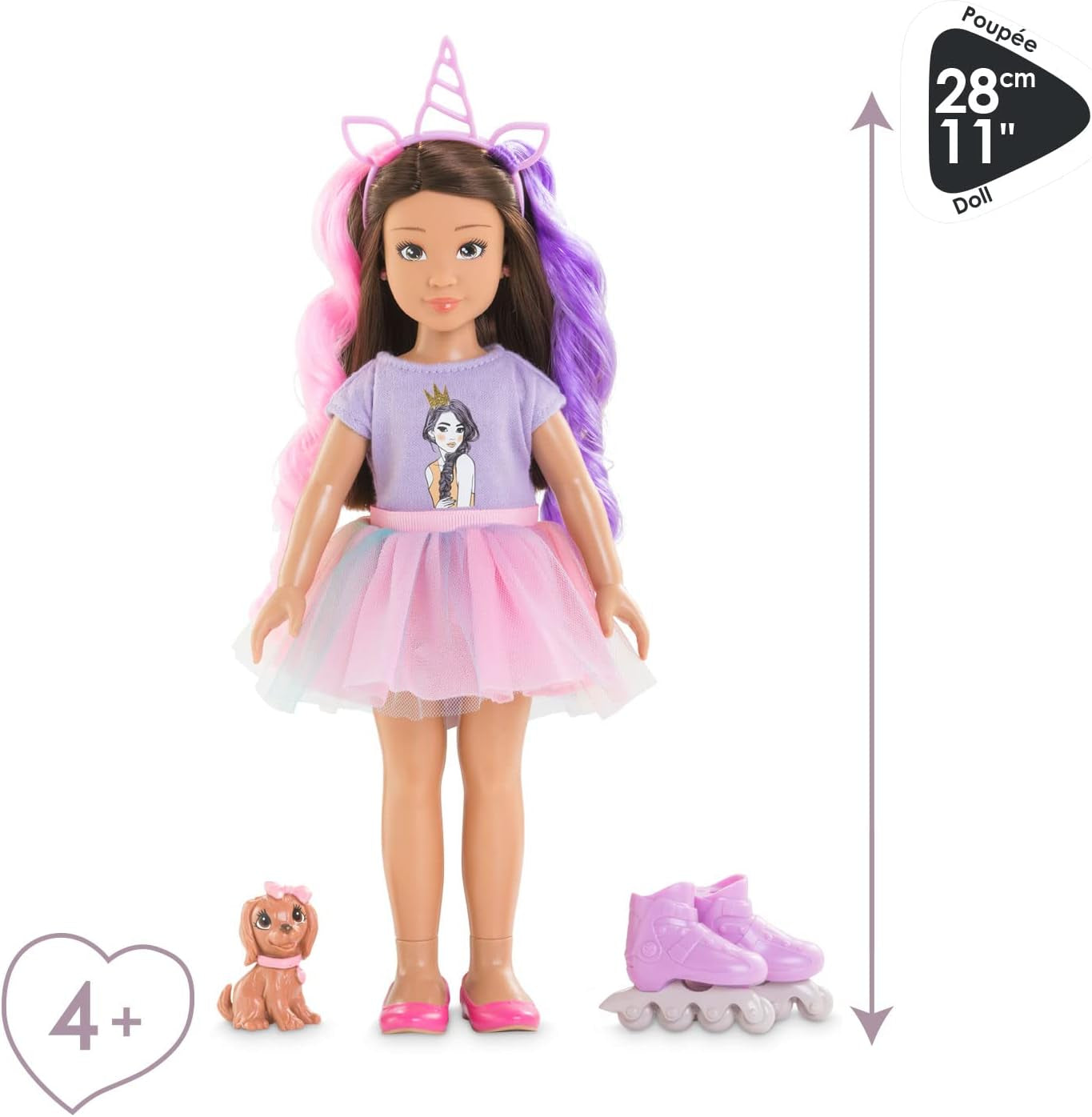 Corolle 9000600030 - Girls Luna Einhorn Set, Knöchelpuppe im Sommeroutfit mit Hund, mit Haarband, Ohrringen und extra Gummistiefel, 28cm Spielpuppe mit Vanilleduft, ab 4 Jahren
