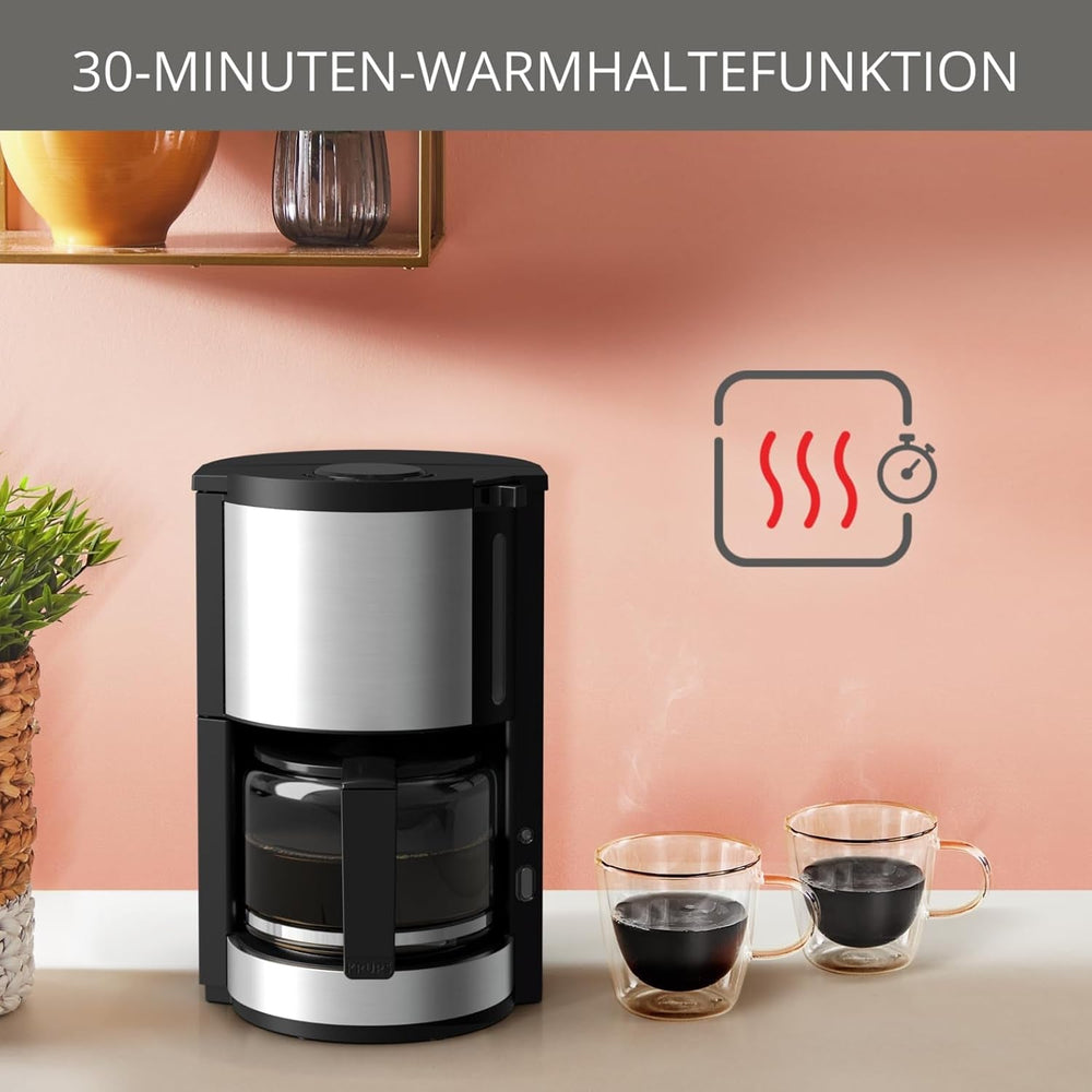 Espressor Krups KM3210 Pro Aroma Plus, 10 cești, 1,25 l, funcție de menținere la cald timp de 30 de minute, fereastră vizibilă pentru nivelul apei, sistem anti-picurare, negru cu aplicații din oțel inoxidabil