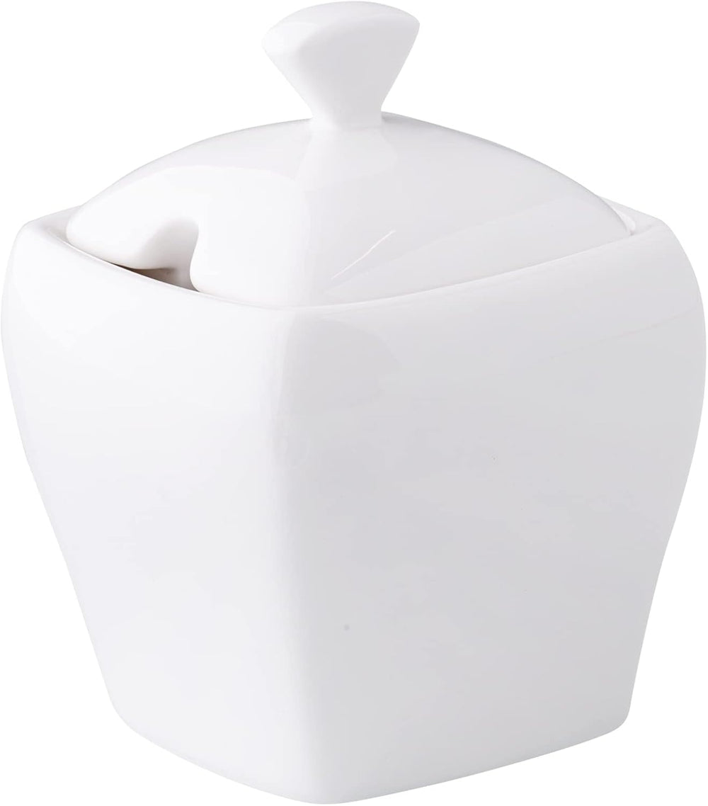 Zahărniță AMBITION cu capac, 120 ml, design ondulat, din porțelan, cu adâncitură pentru lingură, potrivită pentru mașina de spălat vase și cuptorul cu microunde