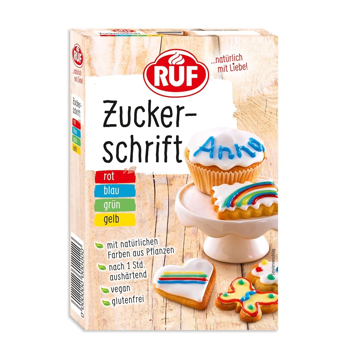 RUF, Glasur zum Beschriften von Kuchen, Keksen, Kuchen, glutenfrei, vegan, 4 x 25 Gramm Glasuren und Dekor Naty Shop