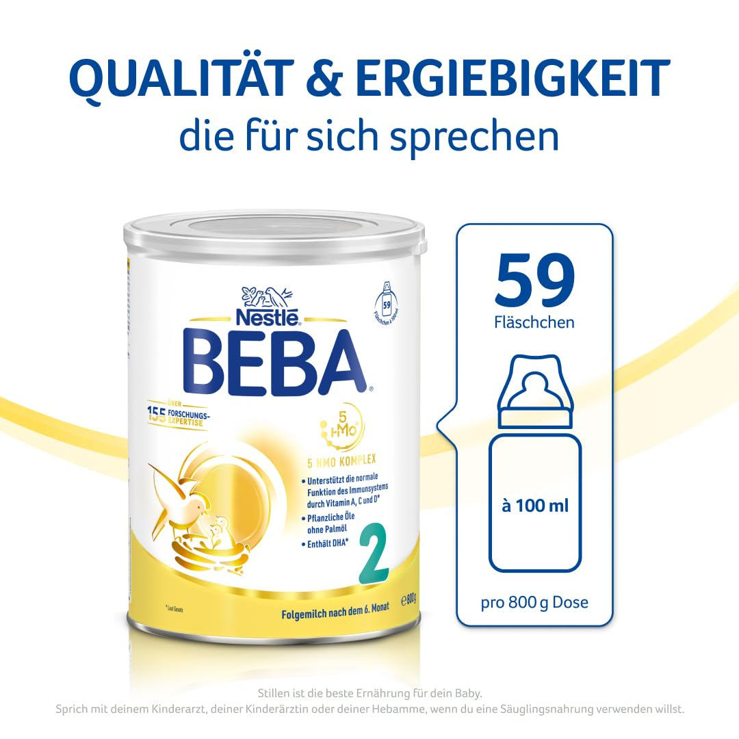 BEBA 2 - Folgemilch nach 6 Monaten, mit 5 HMO-Komplex, altersgerechter Proteingehalt, laktosefrei, palmölfrei, fischölfrei, Babynahrung, Babymilchpulver, 3er Pack (3 x 800g)