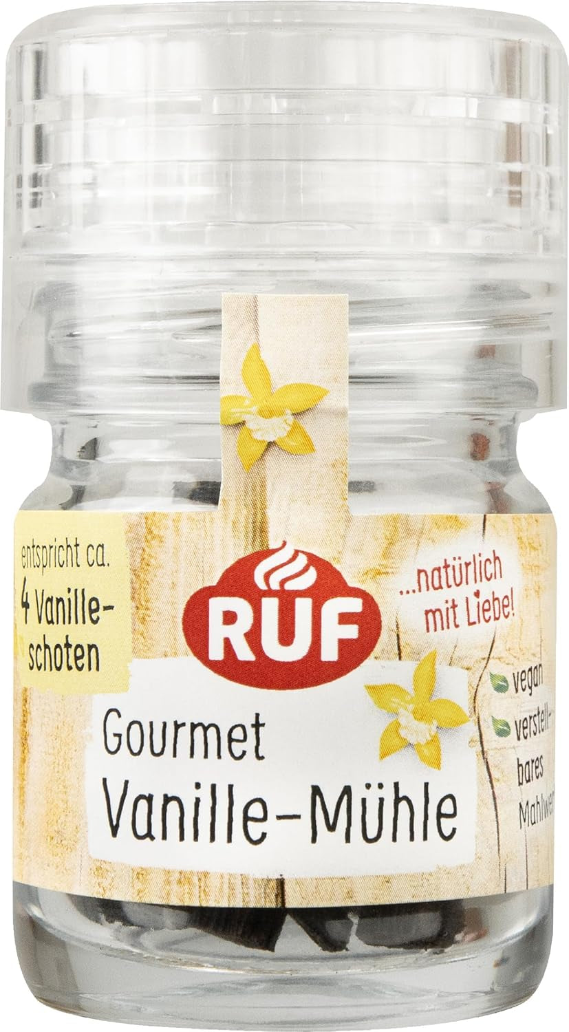 RUF Bio Bourbon Vanille-Mühle, Gewürz-Mühle aus aromasicherem Glas, Vegan, Verstellbares Mühlwerk, Vanilleschoten zum Backen und Kochen, 1 x 7,5 g