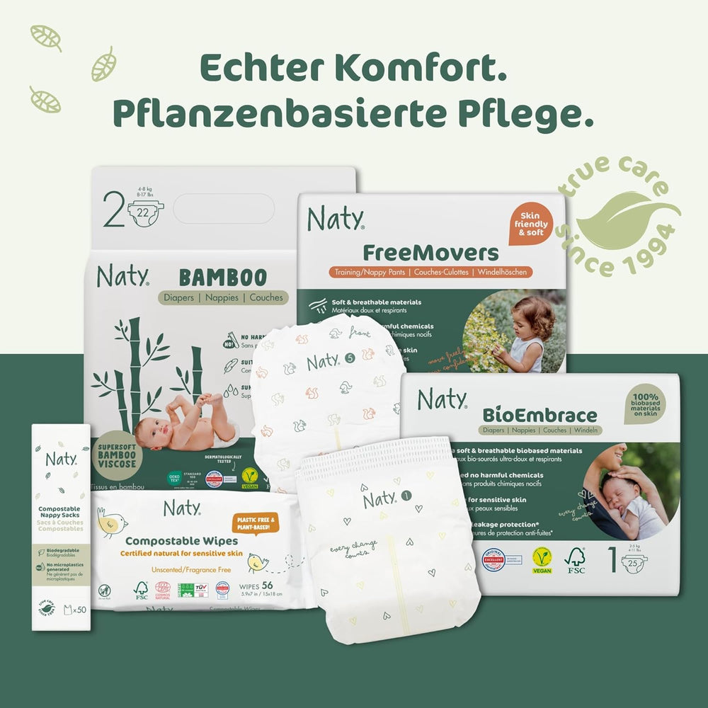 Naty FreeMovers Babywindeln | Zertifizierte hautfreundliche Windelüberhosen | Weich und parfümfrei | Saugfähig und auslaufsicher | Dermatologisch getestet Größe 5 (12–18 kg) | 80 Stück