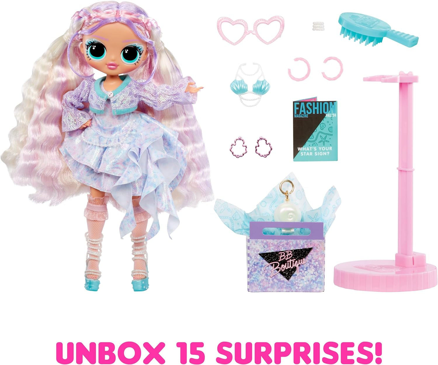 L.O.L. Surpriză! OMG Fashion Doll Pearla cu 15 surprize - păpușă cu modă și accesorii în stil sirenă - pentru copii de la 4 ani Papusi Naty Shop
