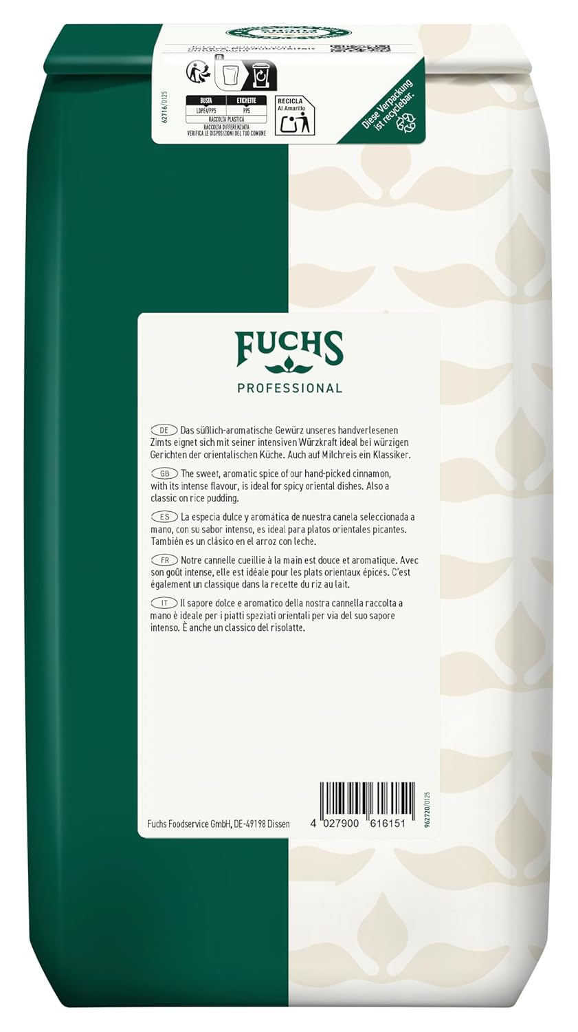 Fuchs Professional - Zimt gemahlen | Zum Würzen von süßen und würzigen Gerichten | Profi-Qualität für Großverbraucher und Gastronomie | 1 kg im recycelbaren Beutel
