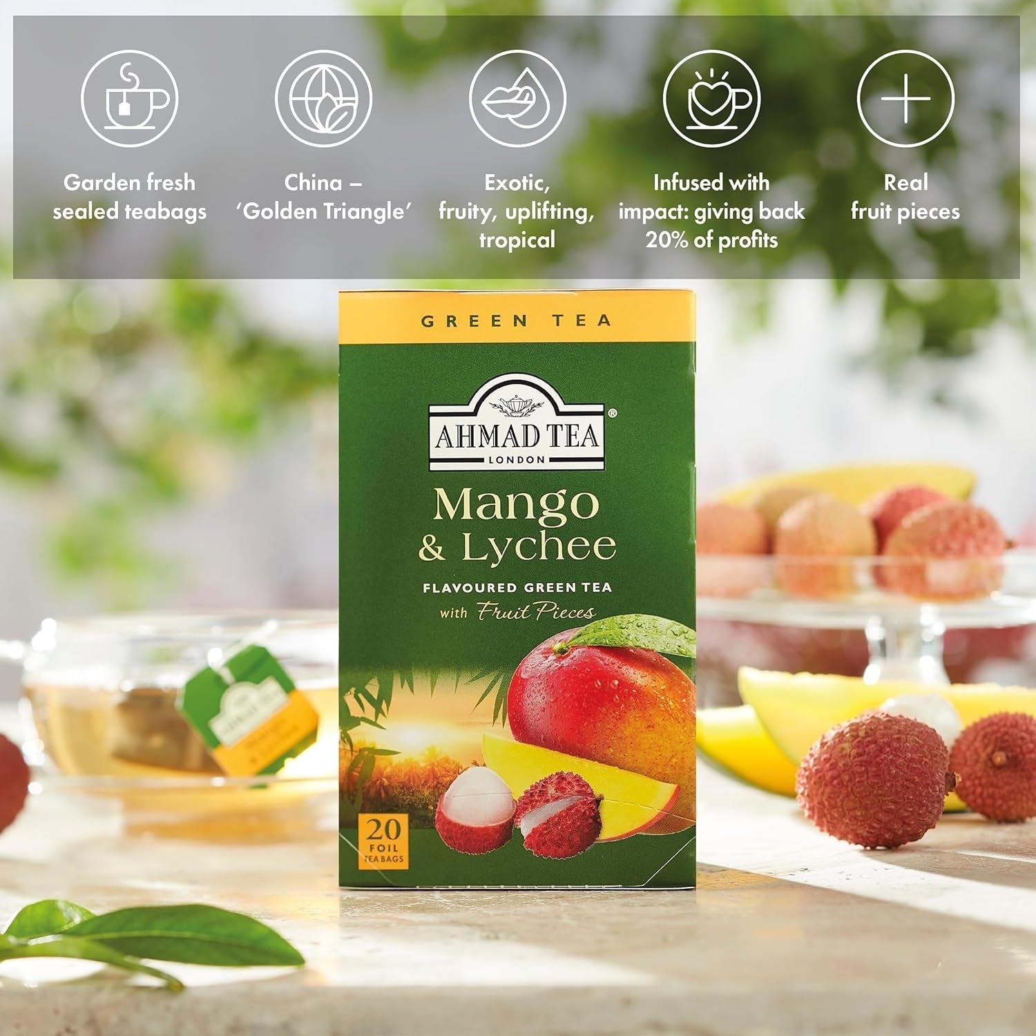 Ahmad Tea - Mango &amp; Lychee - Ceai verde cu mango și litchi - Cu bucăți de fructe - Plicuri de ceai ambalate individual, cu aromă sigilată, cu 2 g de ceai per porție - 20 de pliculețe de ceai cu bandă (pachet cu 2)