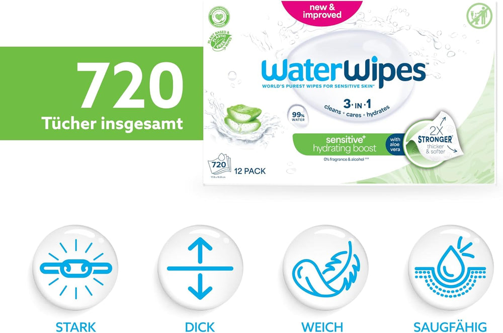 WaterWipes Sensitive+ Hydrating Boost Feuchttücher, feuchtigkeitsspendende Tücher, 720 Stück (12er-Pack), 3-in-1-Reinigung, Pflege, Feuchtigkeit, 99 % Aloe-Vera-Wasser, parfümfreie Babytücher