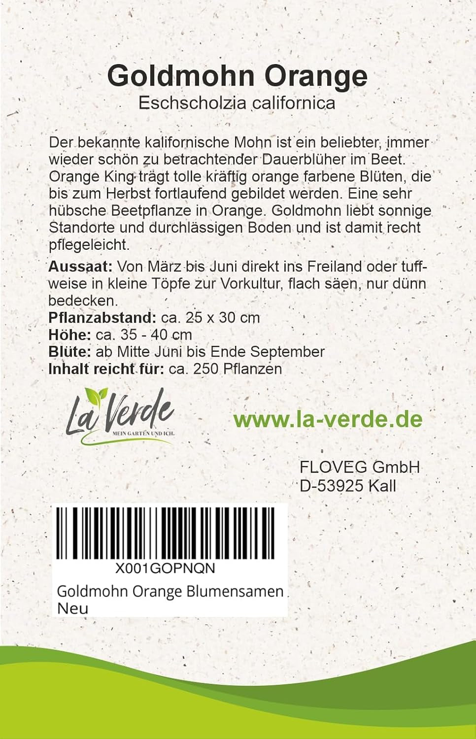 La Verde MEIN GARTEN UND ICH. Kalifornischer Mohn 'Poppy Orange' für ca. 250 Pflanzen, Kalifornischer Mohn, langblühende Samen, gentechnikfrei