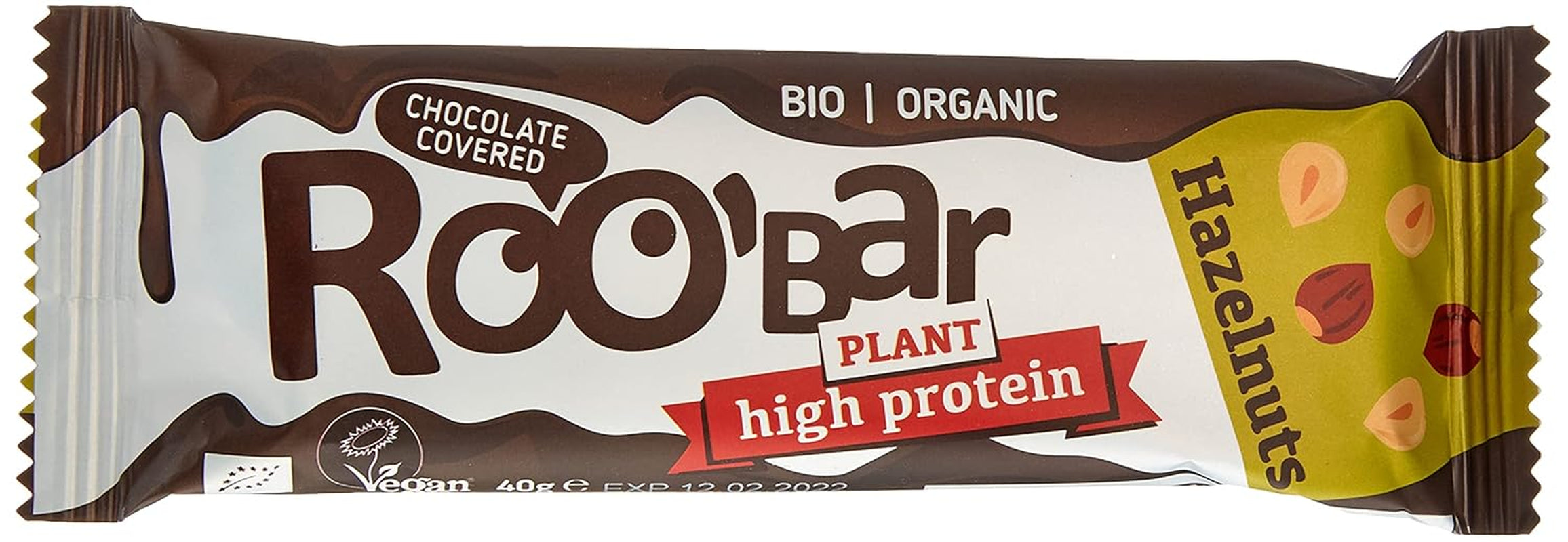 Proteinreiche, mit Schokolade glasierte Haselnussriegel – 100 % biologisch, vegan, Fruchtriegel, frei von Milchprodukten, glutenfrei, frei von raffiniertem Zucker – 16 Riegel x 40 g