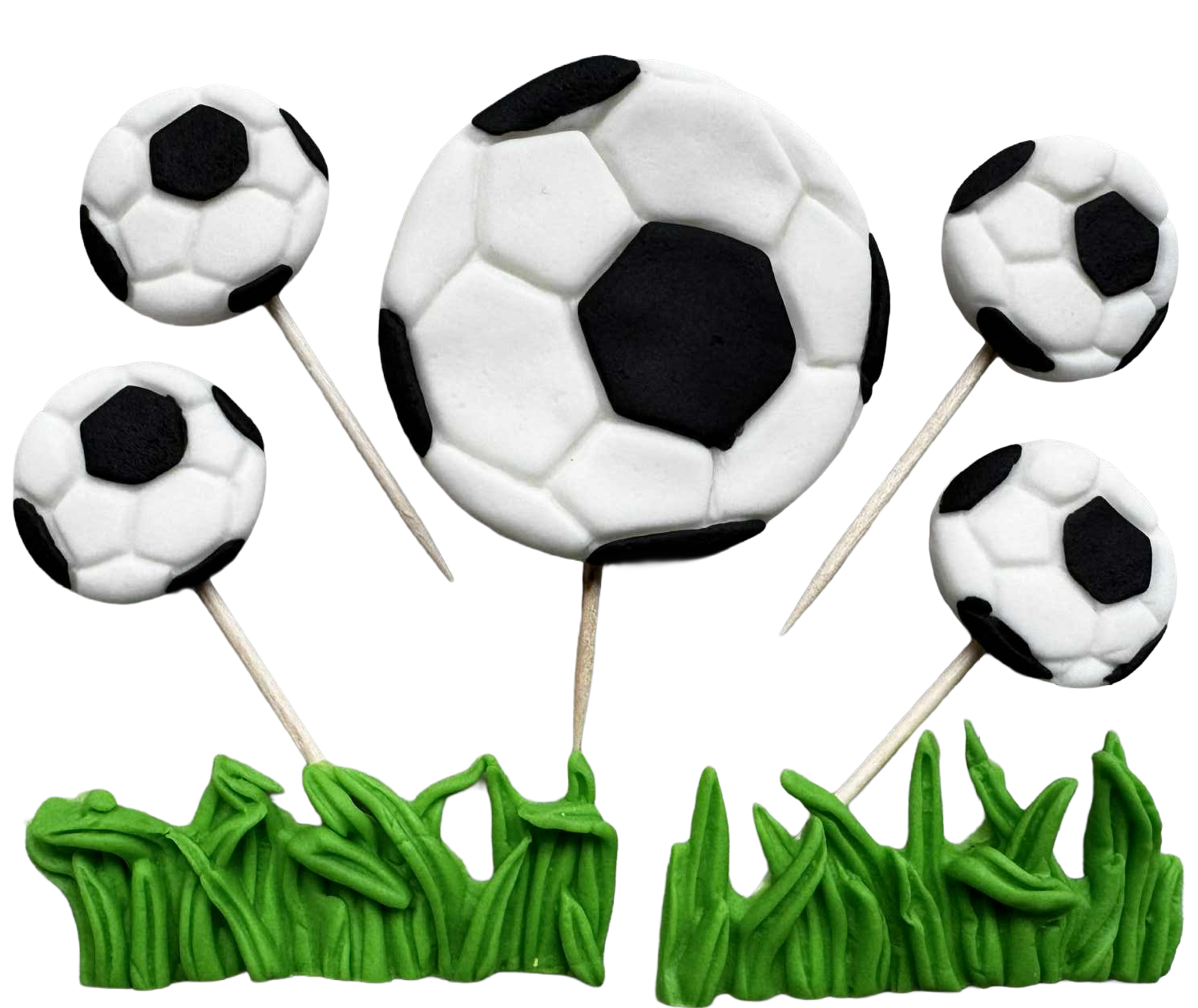 Fußball-Set mit 7 essbaren Tortendekos aus Fondant kaufen – 2–6 cm