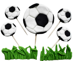 Fußball-Set mit 7 essbaren Tortendekos aus Fondant kaufen – 2–6 cm