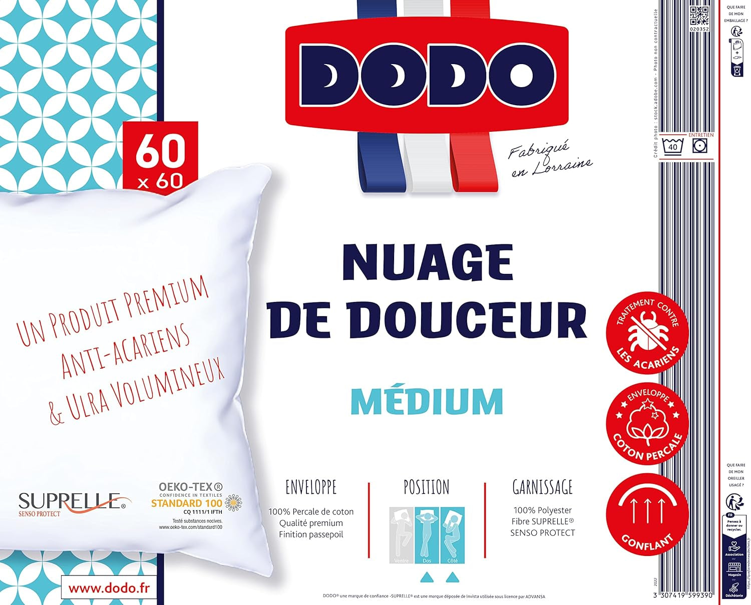 DODO Premium Pillow, 60 X 60 Cm, Medium Comfort, Perna Cloud De Douceur | Miteproof And Fluffy | Percale Cotton + Piping Lavabilă la mașină la 40 °C Perne standard Naty Shop