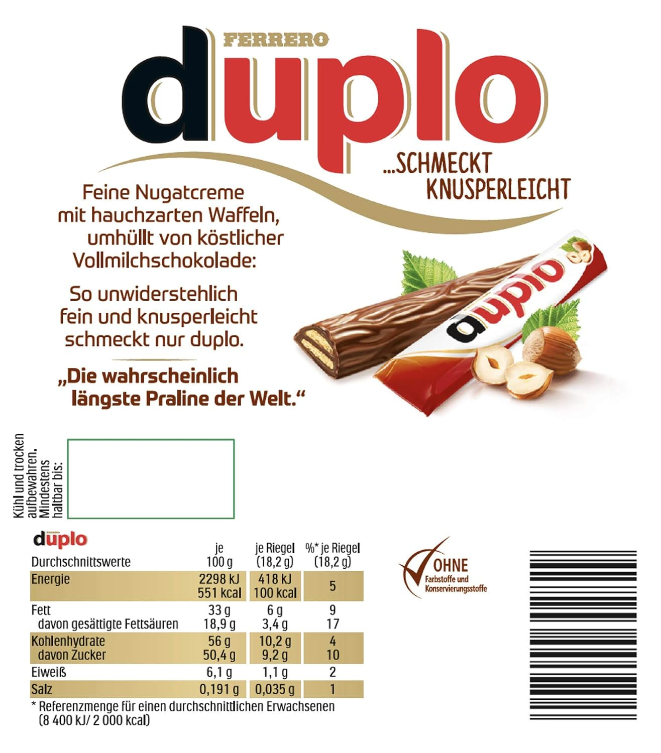 Ferrero duplo Großpackung – Schokoriegel mit feiner Nougatcreme, knuspriger Waffel und feiner Milchschokolade – Karnevals- und Faschingssüßigkeiten – 15 Packungen mit je 18 einzeln verpackten Riegeln