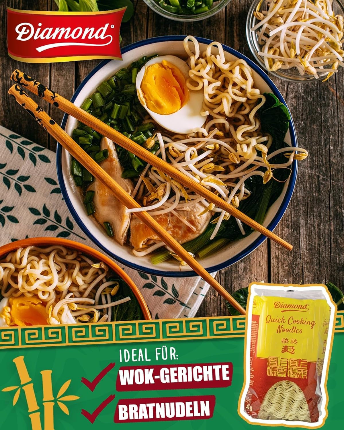 DIAMOND Instant-Nudeln ohne Ei, Instant-Wok-Nudeln aus Weizenmehl und Beilagen – 1 x 500 g