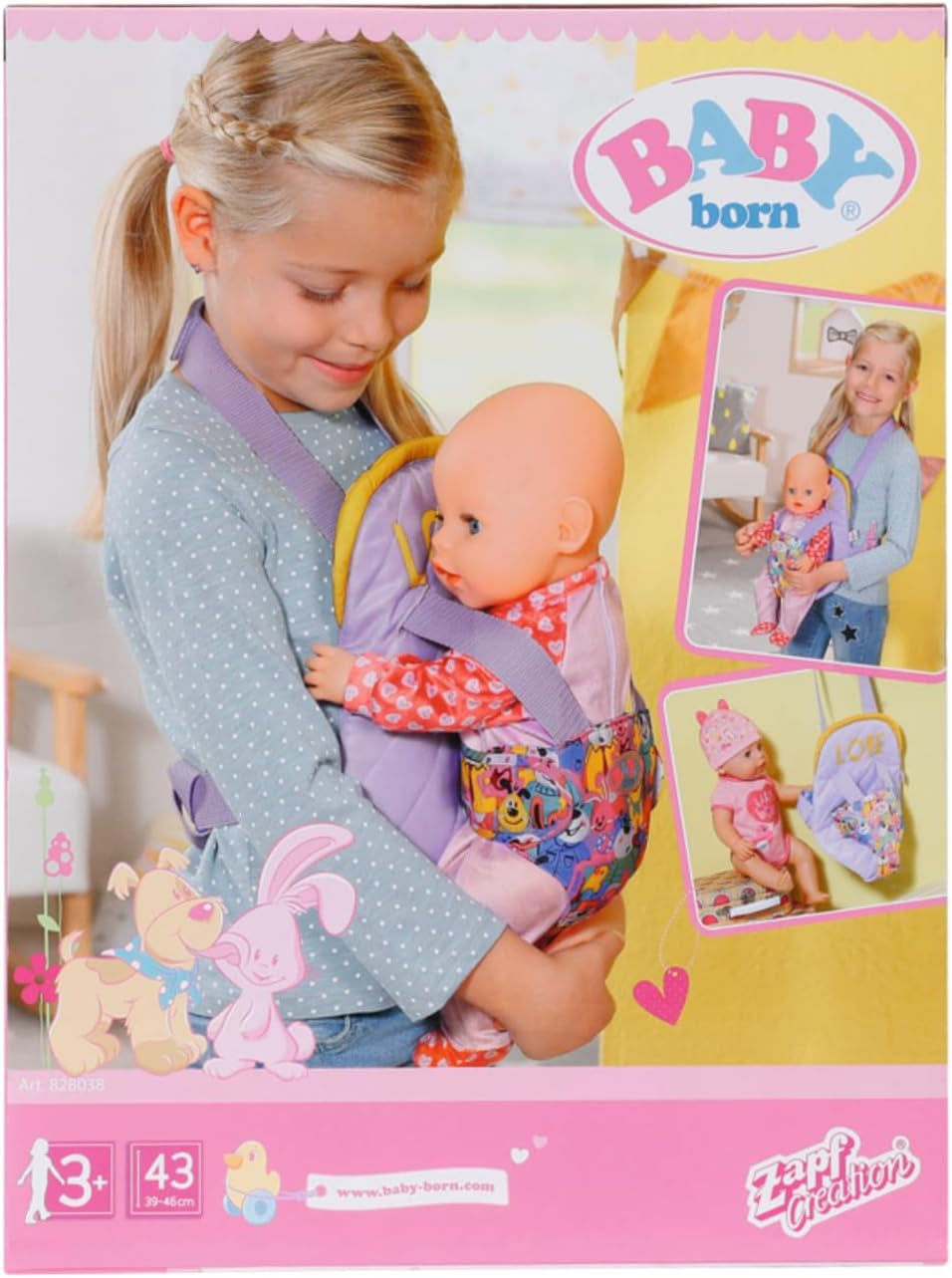 BABY born Puppentrage für Kinder mit verstellbarem Gurt für 36 cm und 43 cm Puppen, 828038 Zapf Creation
