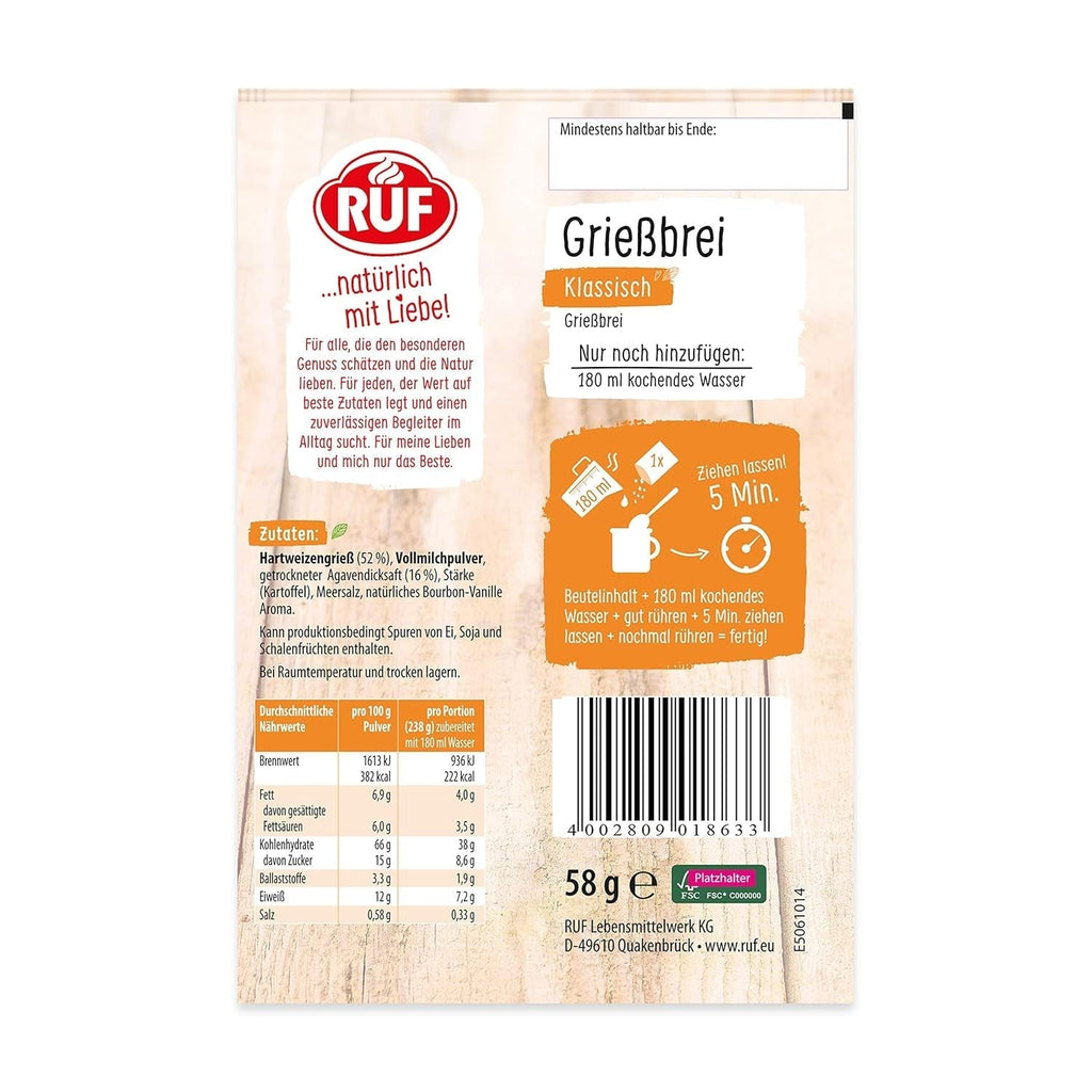RUF Tassen-Grießbrei Klassisch, Instant Grießbrei Aus Der Tasse, Tassengericht Ideal Für Unterwegs Oder Zwischendurch, Fertig in 5 Minuten, 1 X 58G Cereale Naty Shop