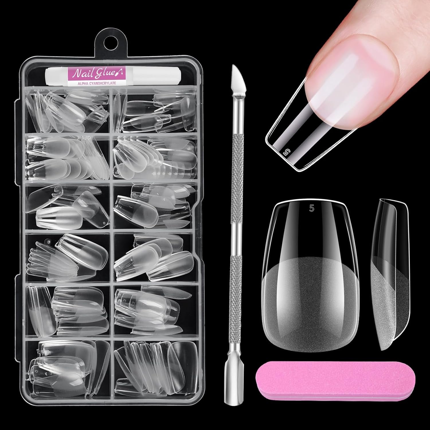 Unghii scurte cu acoperire completă, 120 de bucăți, 12 dimensiuni, vârfuri de unghii scurte pentru unghii cu gel, unghii artificiale pentru lipire, set de unghii cu pile de lipit, lustruitor de unghii, împingător de cuticule