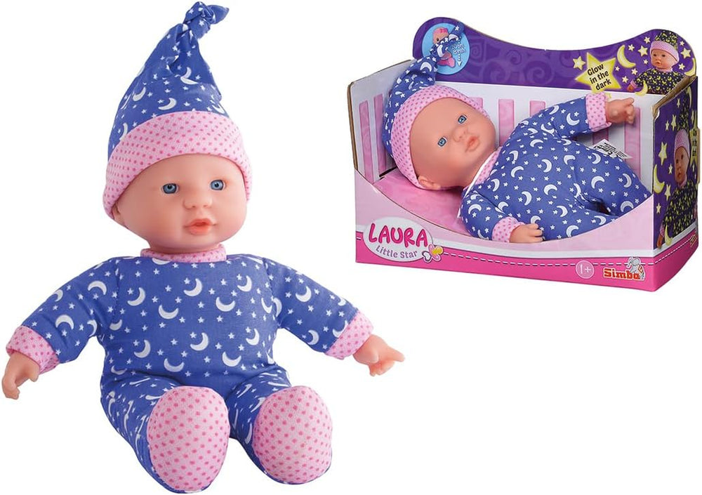 Simba 105010010 - Laura Kleiner Stern, Weichkörperpuppe in süßem Strampler und Mütze mit leuchtenden Monden und Sternen, 20cm, Glow in The Dark, Babypuppe ab 12 Monaten