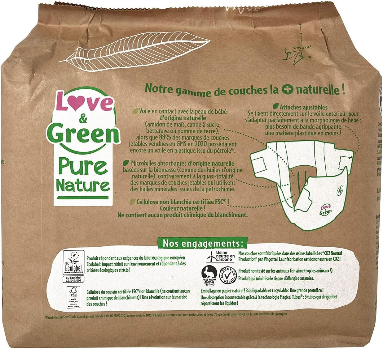 Love Green Nature, ungebleichte ökologische Windeln, ohne Chlor, verschiedene Größen Mutter und Kind Naty Shop