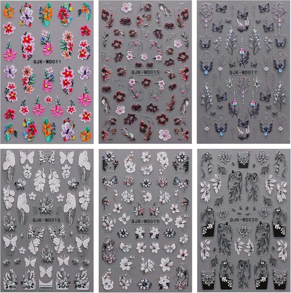 JMEOWIO Nagelsticker Schwarz Weiße Blume 6 Blatt Nail Art Sticker Selbstklebend Nagelaufkleber Frühling Sommer Floral Dekoration Nageldesign Zubehör