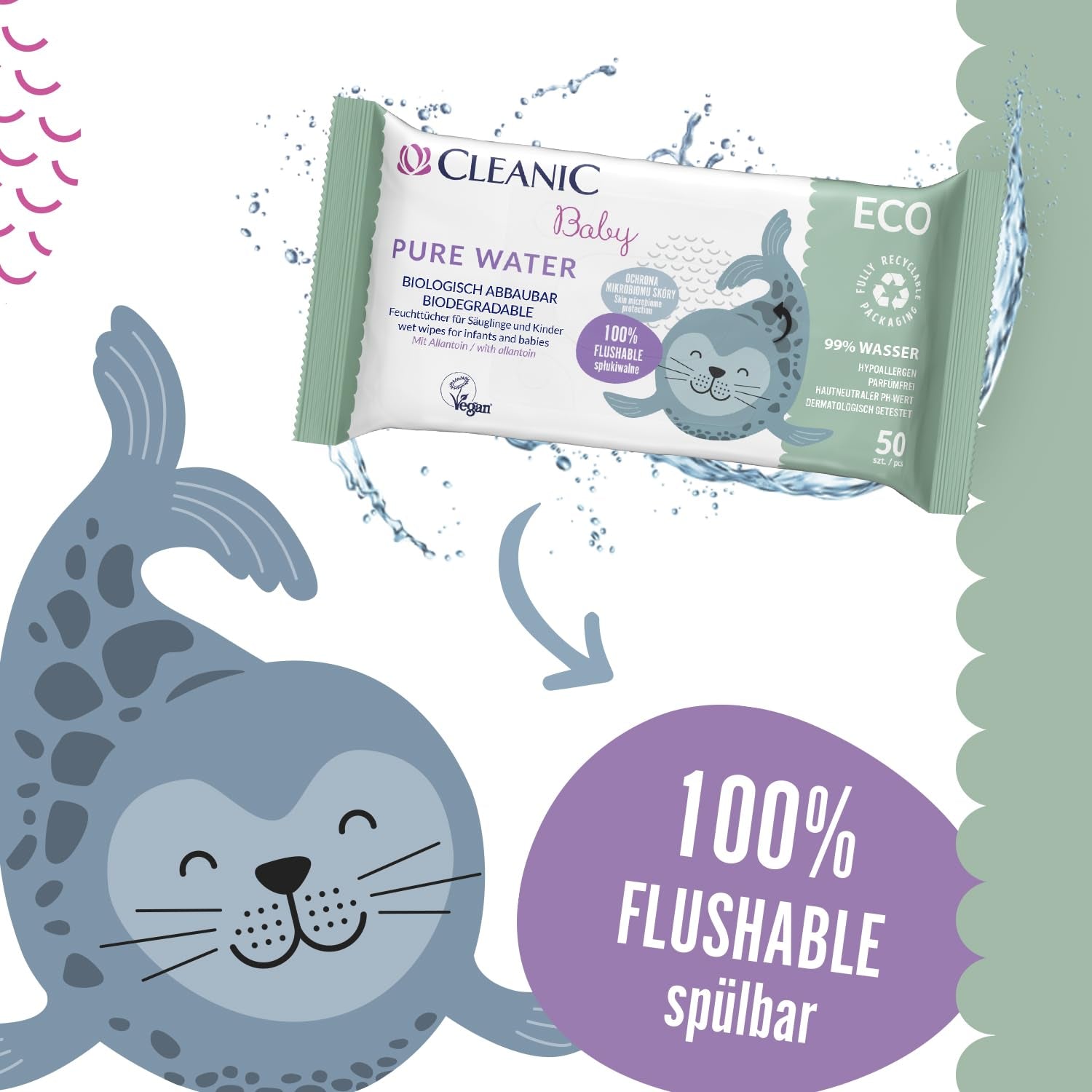 Cleanic Baby Eco Pure Water Feuchttücher – (1 x 50 Stk.) Feuchttücher für Kinder und Kleinkinder – parfümfrei, abspülbar, empfindliche Haut – 50 Stk.