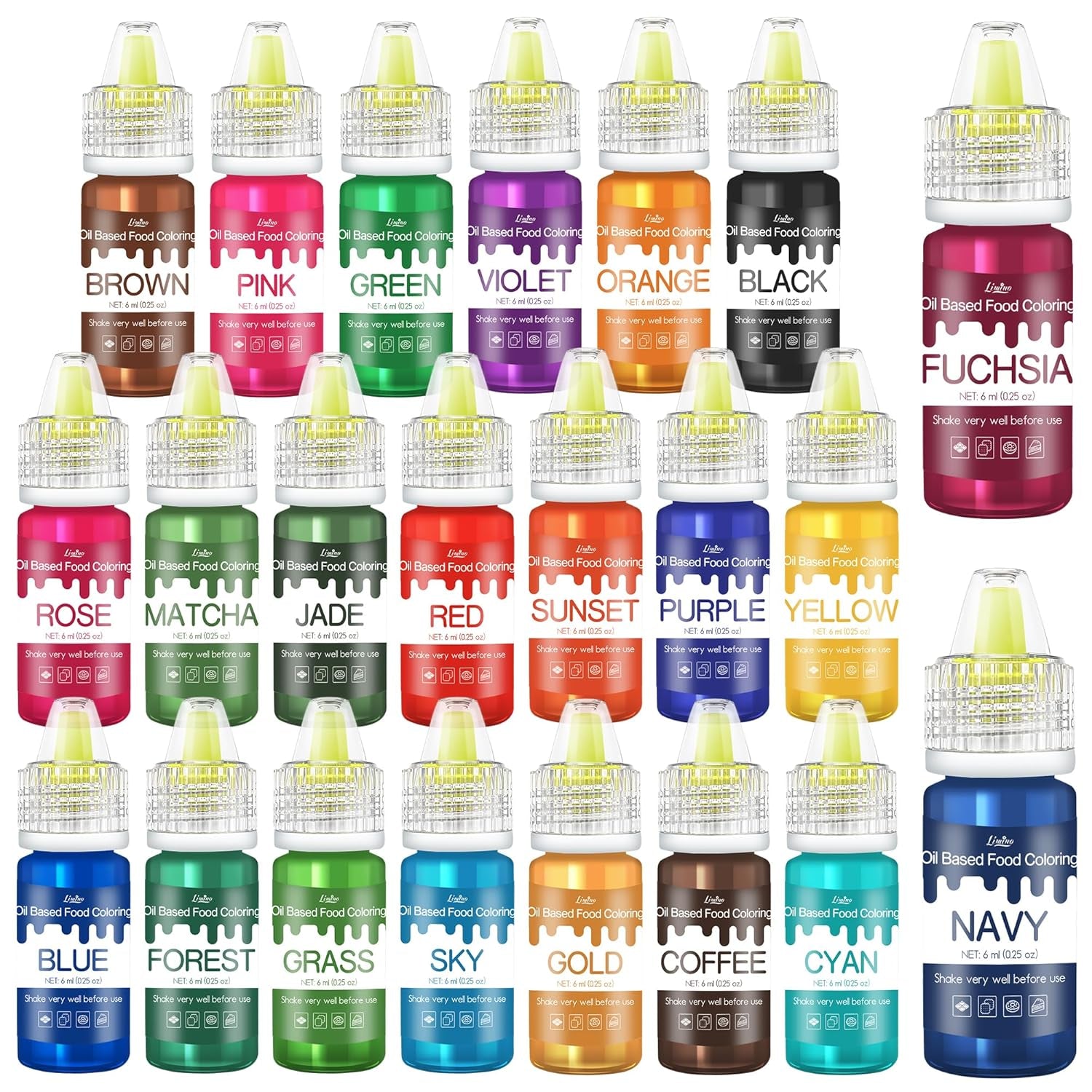 Fettlösliche Lebensmittelfarbe - 10 Farben Ölbasis Lebensmittelfarben Für Schokolade, Süssigkeit, Kuchen, Backen, Macaron - Konzentrierte Lebensmittelfarbe Für Tortendeko, Buttercreme, Fondant - Je 10Ml Naty Shop 6 Ml (22Er Pack)