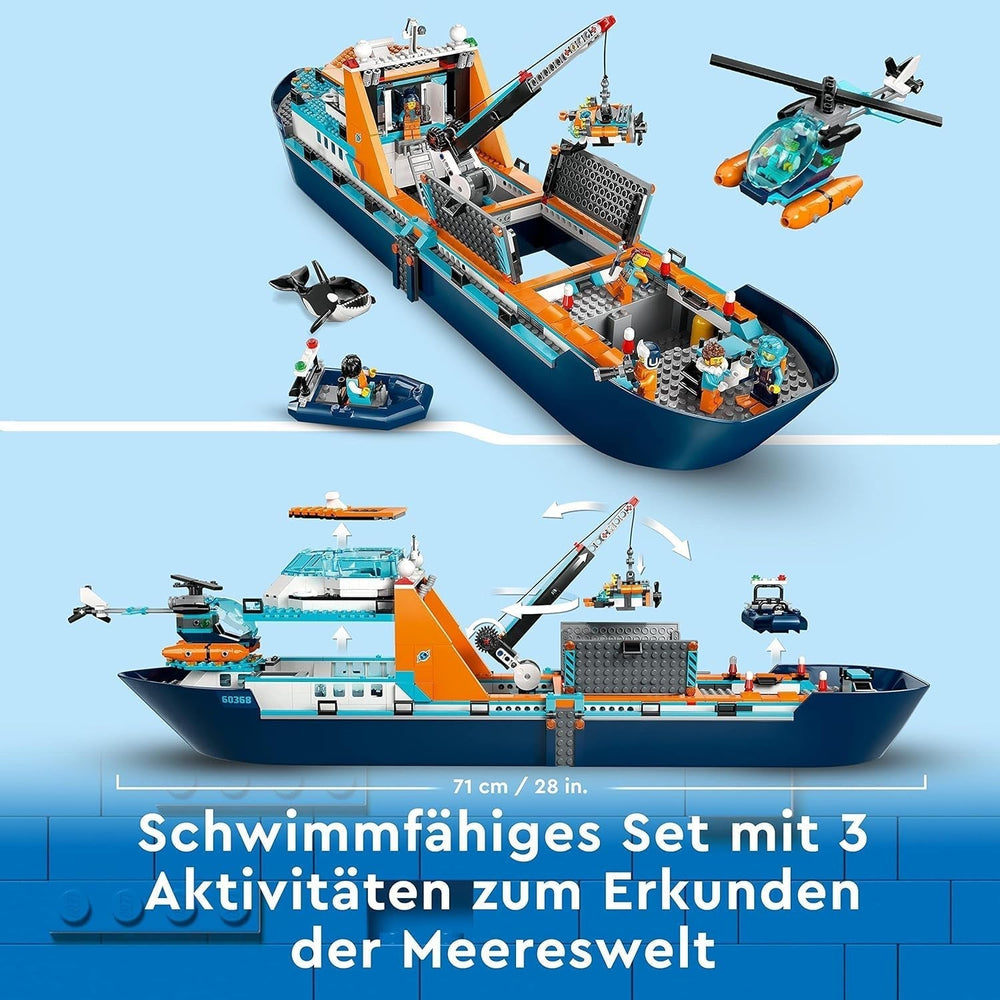 LEGO City Arktisches Forschungsschiff, großes schwimmendes Spielzeugboot mit Hubschrauber, Schlauchboot, Rov-U-Boot, Wikingerwrack, 7 Minifiguren und Orca-Figur, Geschenk für Kinder ab 7 Jahren 60368 Bausets Besuchen Sie den LEGO-Store