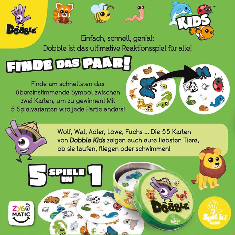 Zygomatic, Dobble Kids, Eco-Sleeves, Kinderspiel, Kartenspiel, 2-8 Spieler, ab 4 Jahren, 15 Minuten, Deutsch