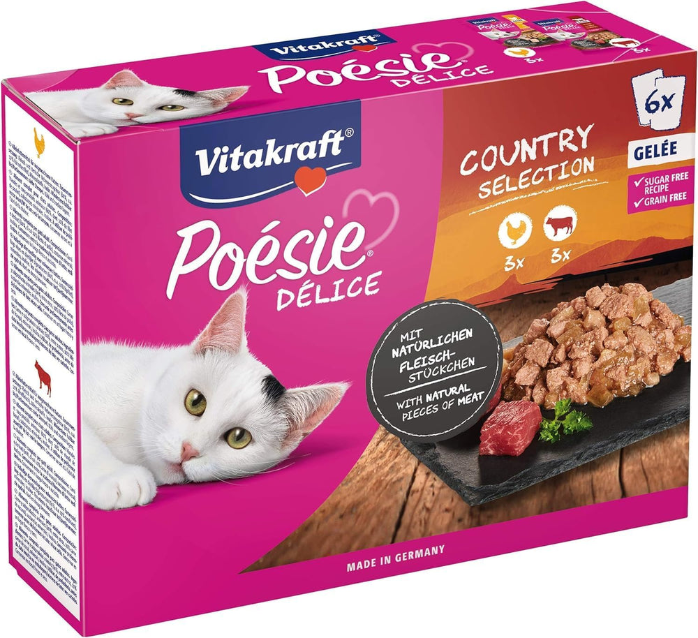Vitakraft Poésie Délice, Country Selection, Nassfutter Katze, Katzennassfutter Gelee, mit Huhn, mit Rind (1 Paket mit 6x 85g)