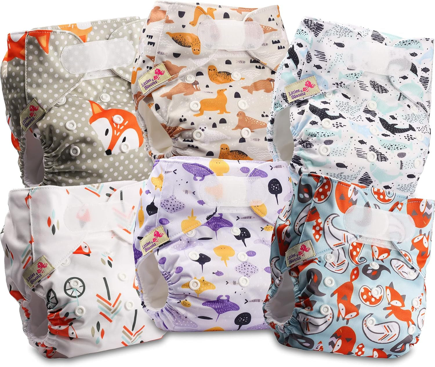 Littles and Bloomz wiederverwendbare Windel FLV2-0602, Standard-Klettverschluss, 6 Windeln