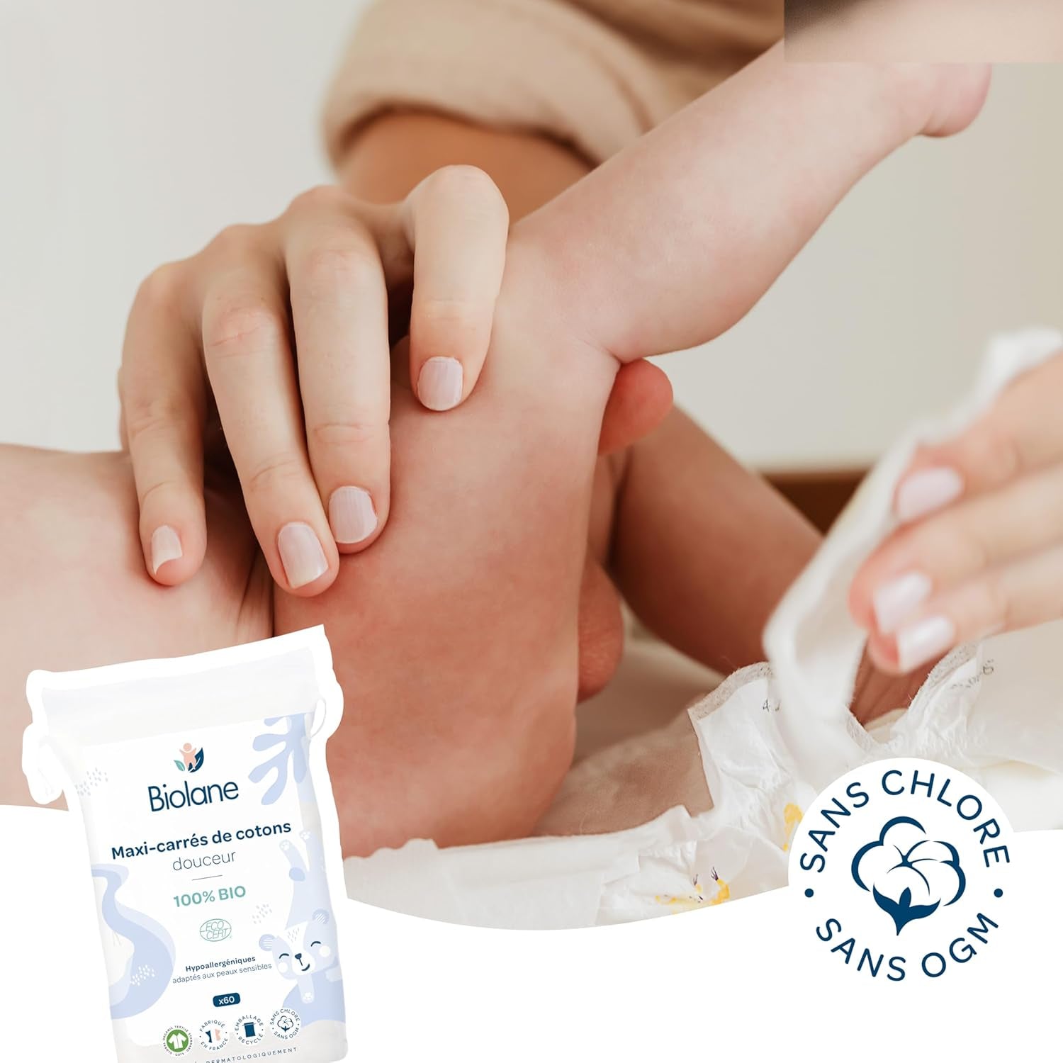 BIOLANE 12 Maxi Squares Nasseinlagen – Babys – 100 % Bio – 720 Baumwolle – für empfindliche Haut – Wickel- und Toilettenartikel – ab der Geburt – hergestellt in Frankreich
