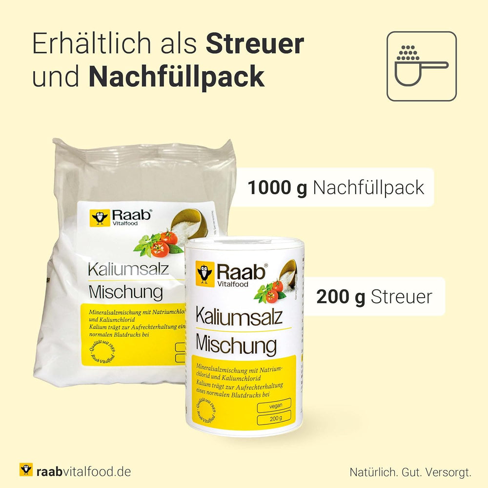 Raab Vitalfood Kalium salt-Mischung, Mineralsalzmischung mit 66,7 % Natriumchlorid (Kochsalz) und 33 % Kaliumchlorid, Kalium trägt zur A Stärkung eines normalen Blutdrucks bei (1 x 200 g Dose)
