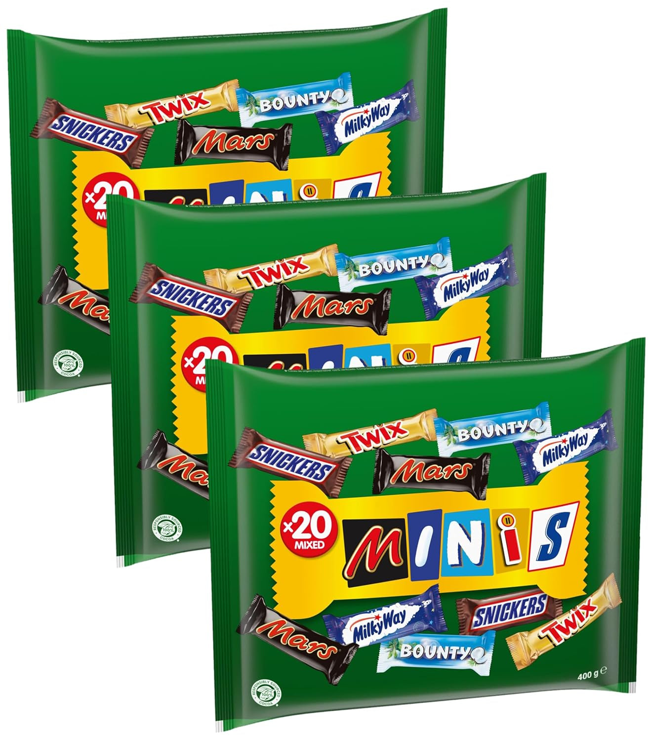 Mini-Mischschokoladen-Großpackung, 20 Mini-Schokoladensnacks (Mars, Snickers, Bounty, Twix, Milky Way), als Süßigkeiten, Schokoladengeschenk, Süßigkeitenbox, 400 g