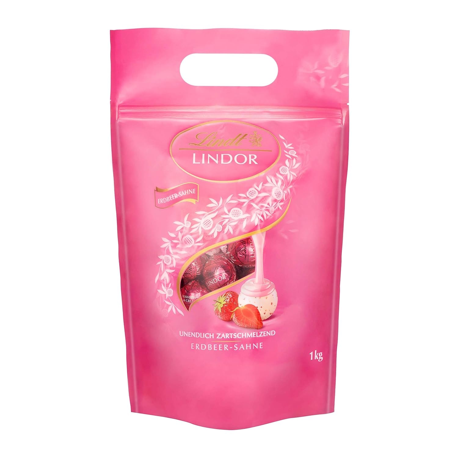Schokoladenmischung LINDOR | 1371 g | Ca. 109 Kugeln: Milchschokolade und LINDOR-Kugeln mit Erdbeercreme | 1 kg Beutel, ca. 80 Schokokugeln weiße Schokolade mit Erdbeercreme