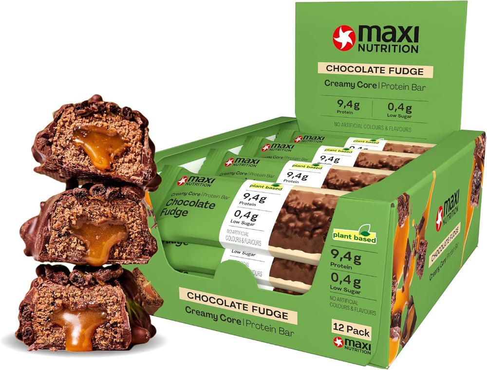 MaxiNutrition Cremiger veganer Proteinriegel mit Schokolade, Erdnüssen und Karamell 12x45g – veganer Proteinriegel, 18% Protein, 8,3g pro Riegel, geringer Zuckergehalt (0,9g), kein zugesetzter Zucker, keine künstlichen Aromen